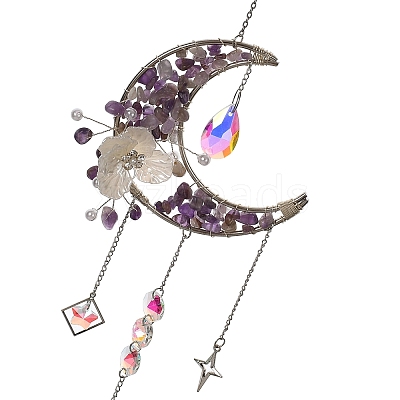 Flower Moon Metal & Natural Amethyst Chips Hanging Suncatcher GG-CBAB970-03B-1