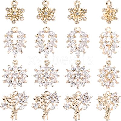 16pcs 4 Style Rack Plating Brass Micro Pave Clear Cubic Zirconia Charms ZIRC-NB0001-85-1