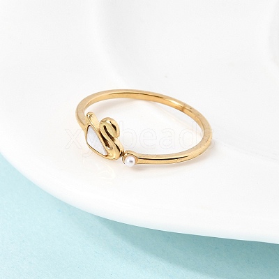 304 Stainless Steel & Natural Shell & Imitation Pearl Cuff Rings for Women RJEW-G372-01G-02-1