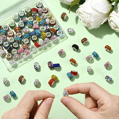 80Pcs Polymer Clay Rhinestone European Large Hole Beads with Silver Color Plated Brass Cores FPDL-LT0001-02F-1