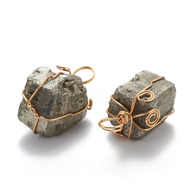 Cuboid Brass Natural Pyrite Pendants G-N0145-10-1