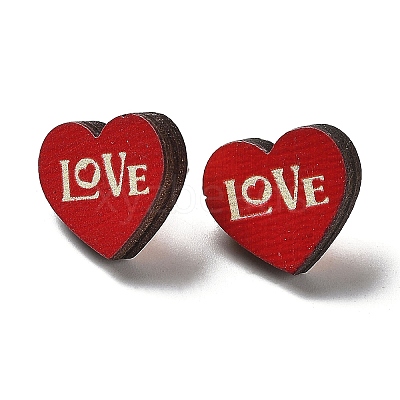 Valentine's Day Theme Printing Wood Stud Earrings for Women EJEW-B029-03-1