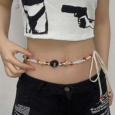 Bohemian Ethnic Style Resin & Wood Barrel Beads Braided Waxed Cord Wrap Waist Belts for Women FS-WG58A7E-01-1