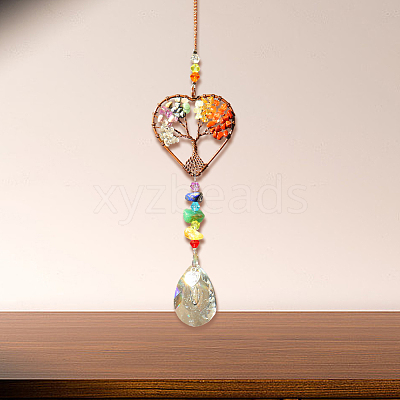 1Pc Natural Mixed Stone Chip Wrapped Heart with Tree of Life Hanging Ornaments HJEW-DJ0001-15A-1