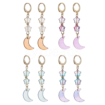 4 Pairs 4 Color Moon & Star Glass Dangle Leverback Earrings EJEW-JE05605-1