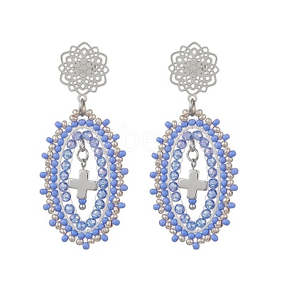 Cross Oval Glass Seed Bead Woven Stud Earrings EJEW-MZ00595-03-1