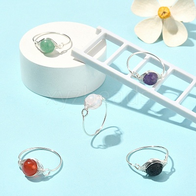 Natural Mixed Gemstone Braided Bead Finger Ring RJEW-JR00588-01-1
