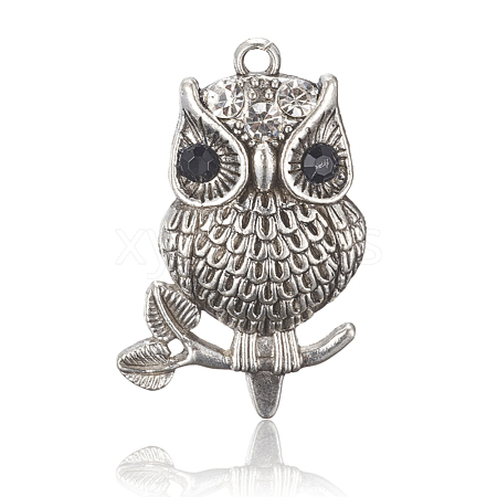 Antique Silver Alloy Rhinestone Owl Pendants for Halloween Jewelry ALRI-J060-01AS-1