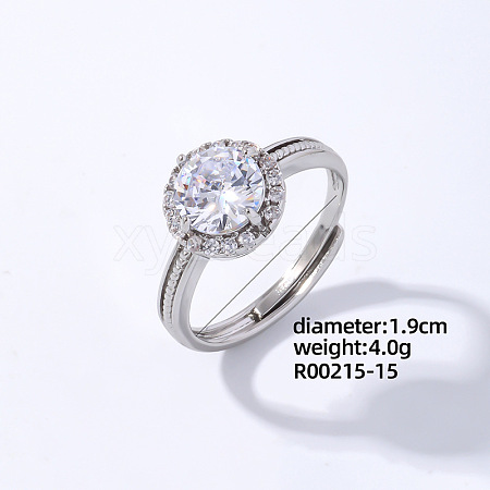 Flat Round Platinum Brass Adjustable Ring with Cubic Zirconia EG7863-11-1