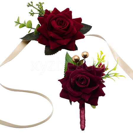 CRASPIRE 2Pcs 2 Style Rose Flower Silk Wrist and Flower Silk Brooch Sets AJEW-CP0004-58-1