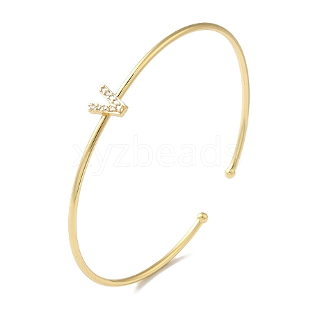 Rack Plating Brass Micro Pave Clear Cubic Zirconia Letter Open Cuff Bangles BJEW-A018-01G-V-1