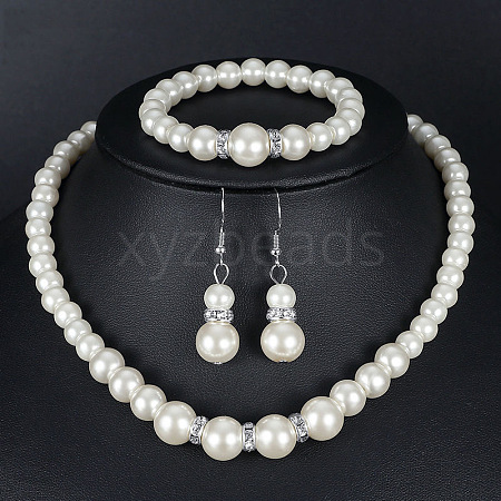 Round ABS Plastic Imitation Pearl Beaded Necklaces & Dangle Earring & Bracelets Sets FS-WG32AE8-01-1