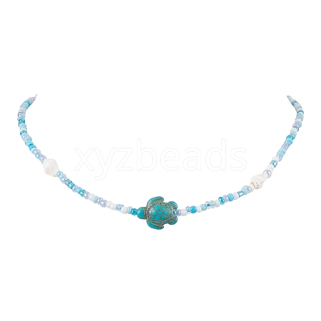 Summer Beach Sea Turtle Dyed Synthetic Turquoise & Glass Seed Beads Beaded Necklaces for Women NJEW-JN05081-01-1