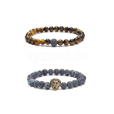 2Pcs 2 Style Natural Weathered Agate(Dyed) & Tiger Eye Round Beaded Stretch Bracelets Set with Alloy Lion BJEW-JB08654-1