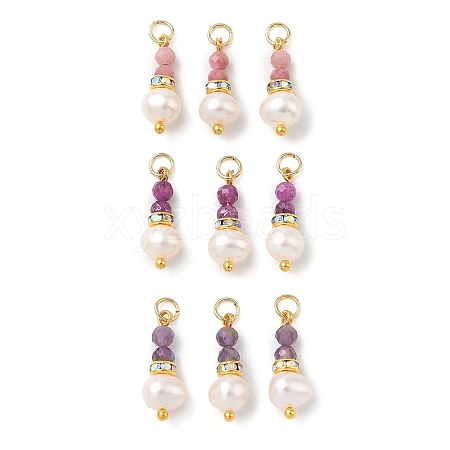 3Pcs 3 Styles Faceted Natural Ruby & Rhodonite & Amethyst and Potato Pearl Pandants PALLOY-JF06048-01-1