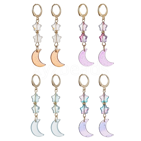 4 Pairs 4 Color Moon & Star Glass Dangle Leverback Earrings EJEW-JE05605-1