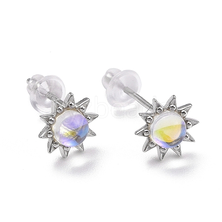 Anti-Tarnish Rhodium Plated 925 Sterling Silver Sunflower Stud Earring Findings EJEW-M202-03P-1