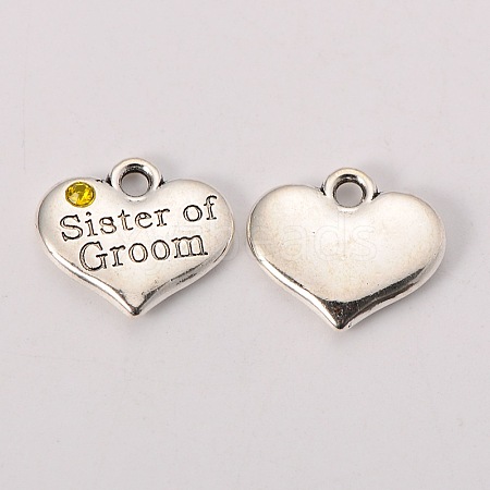 Antique Silver Tone Tibetan Style Heart with Sister of Groom Rhinestone Charms X-TIBEP-N005-08C-1