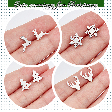 ANATTASOUL 4 Pairs 4 Style Christmas Tree & Deer & Snowflake Exquisite Titanium Steel Stud Earrings for Women EJEW-AN0002-38-1