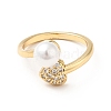 Clear Cubic Zirconia Heart Open Cuff Ring with Acrylic Pearl KK-E060-21G-2