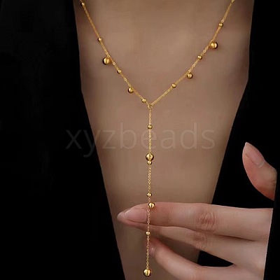 304 Stainless Steel Ball Chain Long Tassel Y Necklaces for Women FS-WG75565-01-1