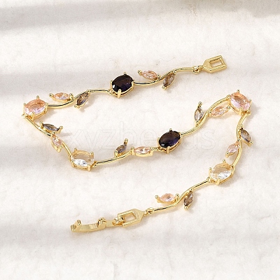 Leaf Brass Micro Pave Cubic Zirconia Link Chain Bracelets for Women BJEW-D455-01G-05-1