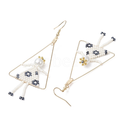 2Pair Girl with Triangle Brass Glass Seed Beads Dangle Earrings EJEW-MZ00453-1