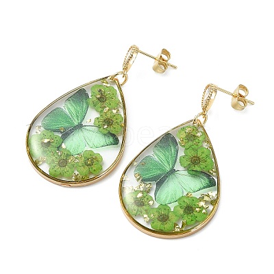 Transparent Epoxy Resin & 304 Stainless Steel & Brass Stud Dangle Earrings EJEW-JE07238-1
