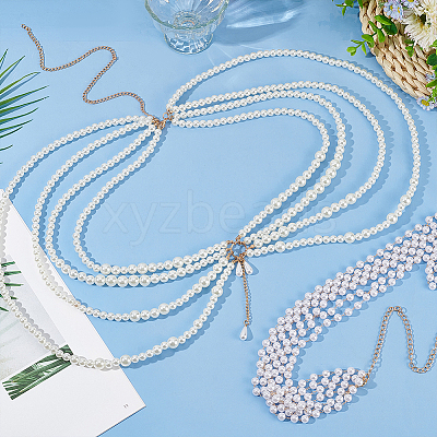 2Pcs 2 Styles Multi Layered ABS Plastic Pearl Beaded Chain Belts AJEW-FG0004-01-1