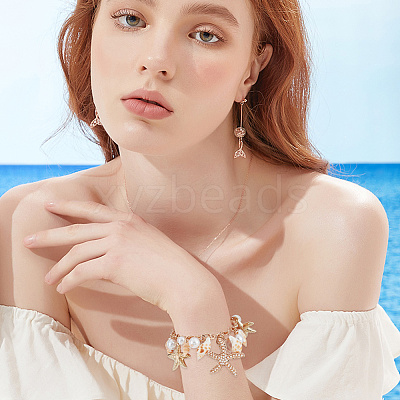 3Pcs Natural Conch Shell & Alloy Starfish & CCB Plastic Pearl Charm Bracelet BJEW-PH0004-35-1