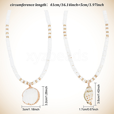 2Pcs 2 Style Natural Shell Pendant Necklaces Set with Disc Beaded Chains for Women NJEW-AN0001-75-1