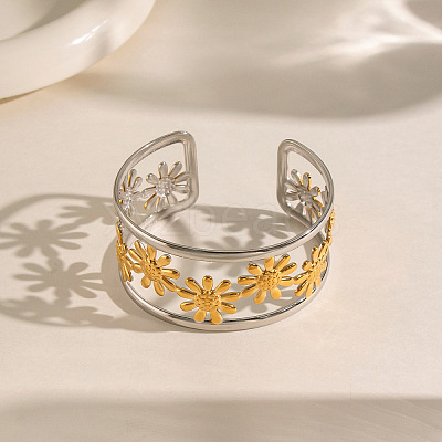304 Stainless Steel Vintage Daisy Flower Hollow Open Cuff Bangles for Women HL3157-2-1