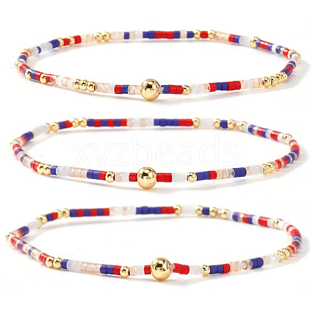 Boho Round Brass and Glass Seed Beaded Stretch Stackable Bracelet Sets BP2363-4-1