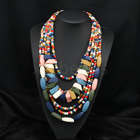 Bohemian Style Nuggets Wood Beaded Multilayer Necklaces for Women WG93846-12-1