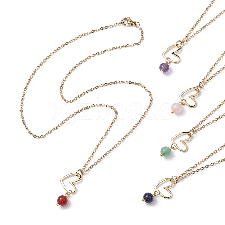 Natural Mixed Gemstone & Heart Pendant Necklaces with Golden Brass Cable Chains NJEW-JN04618-1