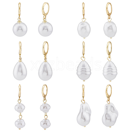 ANATTASOUL 6 Pair 6 Style Natural Pearl Dangle Leverback Earrings EJEW-AN0003-56-1