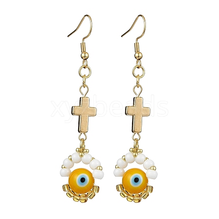 Handmade Seed Evil Eye & Cross Dangle Earrings EJEW-MZ00227-04-1