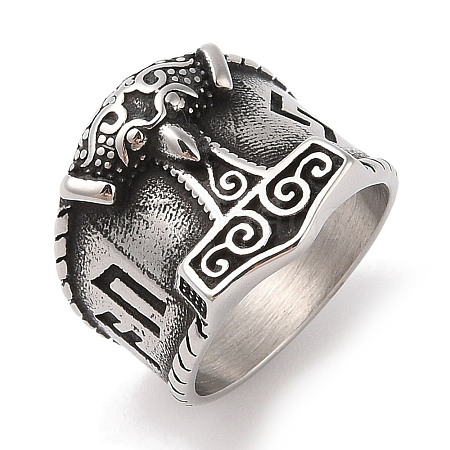 Viking 304 Stainless Steel Thors Hammer Rune Mjolnir Wide Finger Rings for Men RJEW-U005-10AS-1