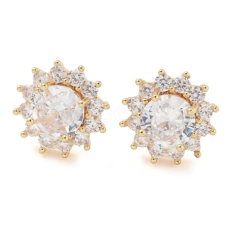 Rack Plating Flat Round Brass Clear Cubic Zirconia Stud Earrings EJEW-M090-19G-01-1