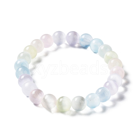 Macaron Color Dyed Natural Selenite Round Beaded Stretch Bracelet BJEW-D024-01A-1