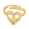 Heart with Letter Rack Plating Brass Micro Pave Clear Cubic Zirconia Adjustable Rings for Women RJEW-I105-01G-P-2