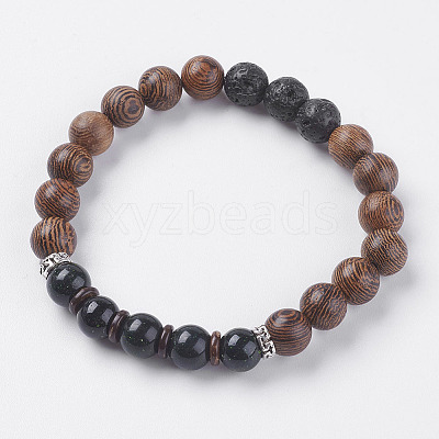 Natural Lava Rock & Wenge Wood Beads & Coconut Stretch Bracelets BJEW-I241-03A-1