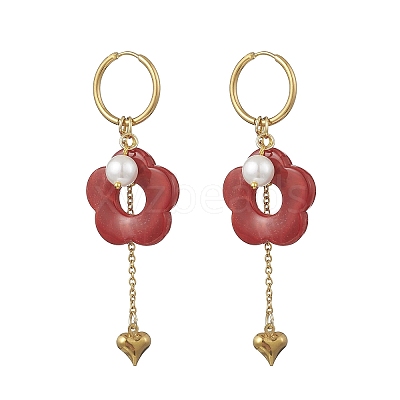 304 Stainless Steel Flower with Heart Tassel Hoop Earrings EJEW-JE06730-1