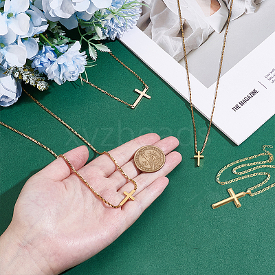 4Pcs 4 Styles Brass & 304 Stainless Steel Sideways Cross Box Chain Necklaces for Women NJEW-UN0001-67-1