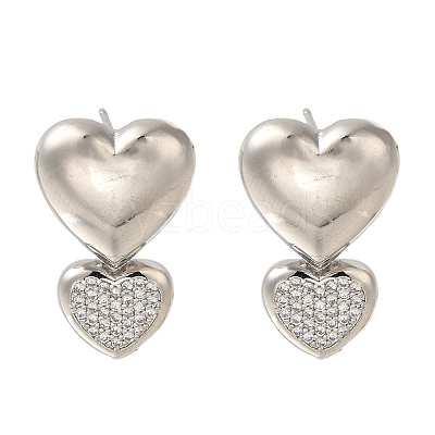 Rack Plating Heart Brass Micro Pave Clear Cubic Zirconia Stud Earrings EJEW-H143-26P-1