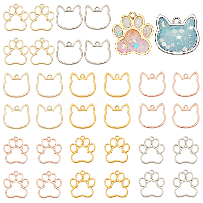 32Pcs 8 Styles Cat Head Paw Print Alloy Open Back Bezel Charms PALLOY-OC0002-99-1