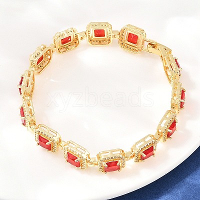 Square Brass Micro Pave Clear Cubic Zirconia and Glass Link Chain Bracelets BJEW-T025-04G-01-1