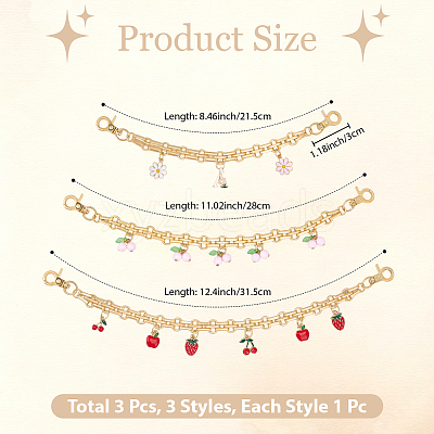 3Pcs 3 Styles Alloy Enamel Flower Cherry Apple Strawberry Charm Alloy Bag Decorative Chains AJEW-CN0006-07-1