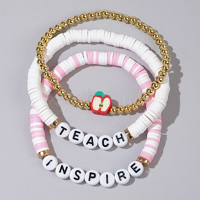 Teachers' Day Plastic Letter Inspire Teach Polymer Clay Heishi Beaded Stretch Bracelet Sets IE3330-3-1