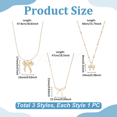 3Pcs 3 Styles Brass & Stainless Steel Bowknot Pendant Necklaces for Women NJEW-UN0001-66-1
